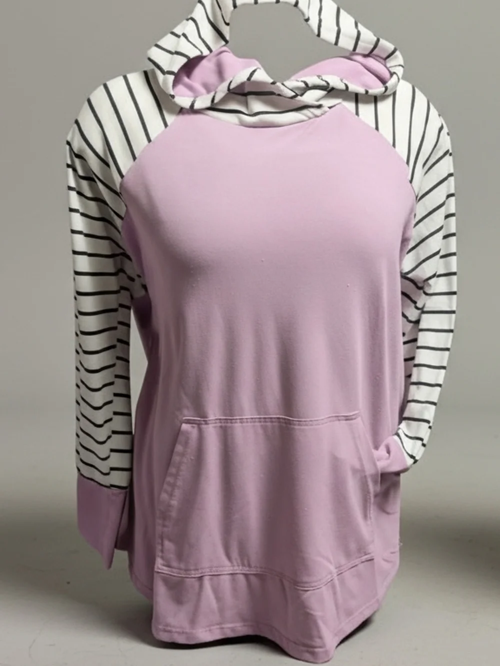 LuLaRoe Lavender Hoodie with Black-and-White Striped Raglan Sleeves